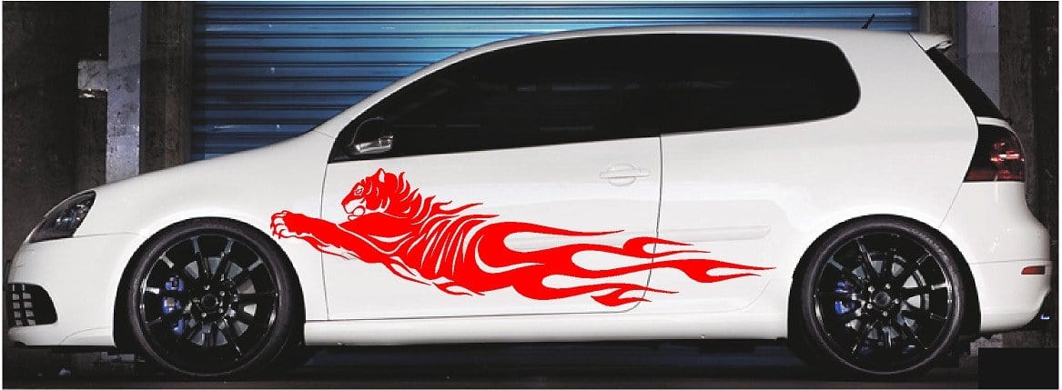red tiger flames decal on white car